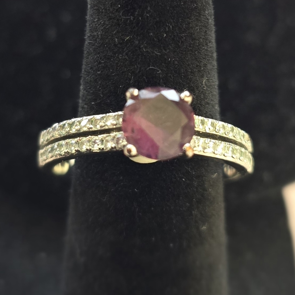 Elegant Amethyst Gemstone Ring with Rhinestones on Silvertone Band - Size 8